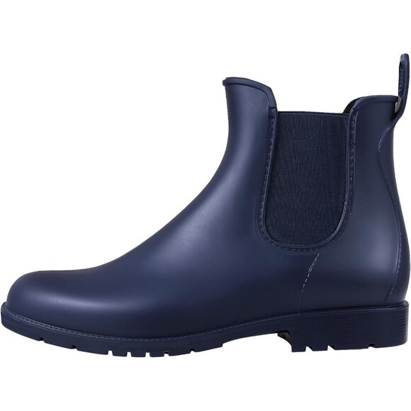 Women's Navy Blue Pointed Toe Waterproof Chelsea Double Elastic Ankle Rain Boots - Picture 2 of 7